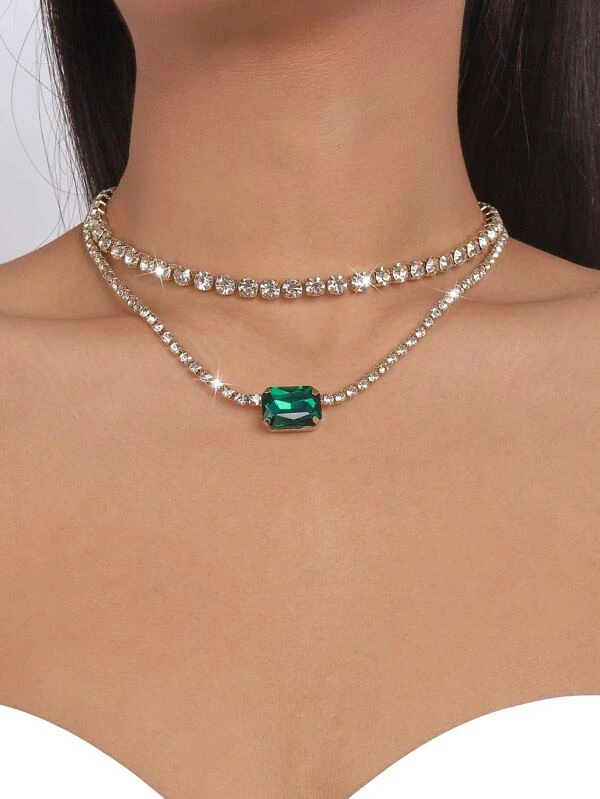 สร้อยคอ เลเยอร์ ตกแต่ง พลอยเทียม  kk-250