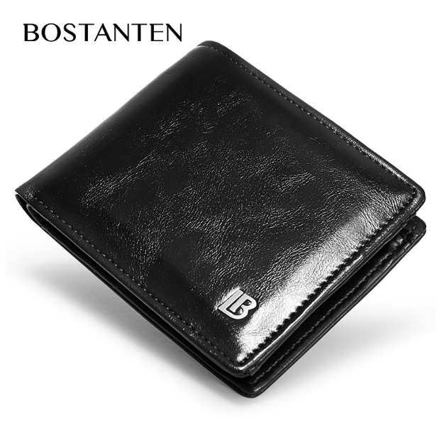 TOP66-BOSTANTEN สีดํา trifold น้ํามันขี้ผึ้งหนังคลาสสิกกระเป๋าสตางค์ธุรกิจสากลกระเป๋าสตางค์ของแท้ขายร้อน