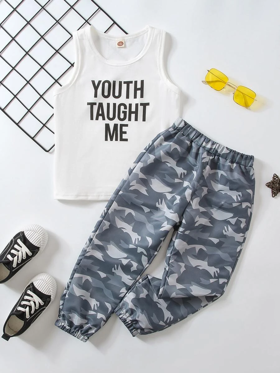 เด็กผู้ชาย พิมพ์ สโลแกน เสื้อกล้าม & พิมพ์ลายทั้งตัว กางเกงขายาว b-93