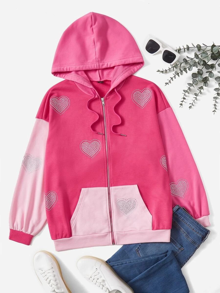 ฮู้ดดี้ หัวใจ พลอยเทียม บล็อคสี ไหล่ตก เชือกรูด  cc-41