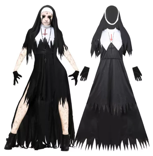 SE58@The Horror Scary Nun Costume For Women Black Vampire Dress Sets Adult Valak Cosplay Uniform Suits Halloween Party Devil Outfit