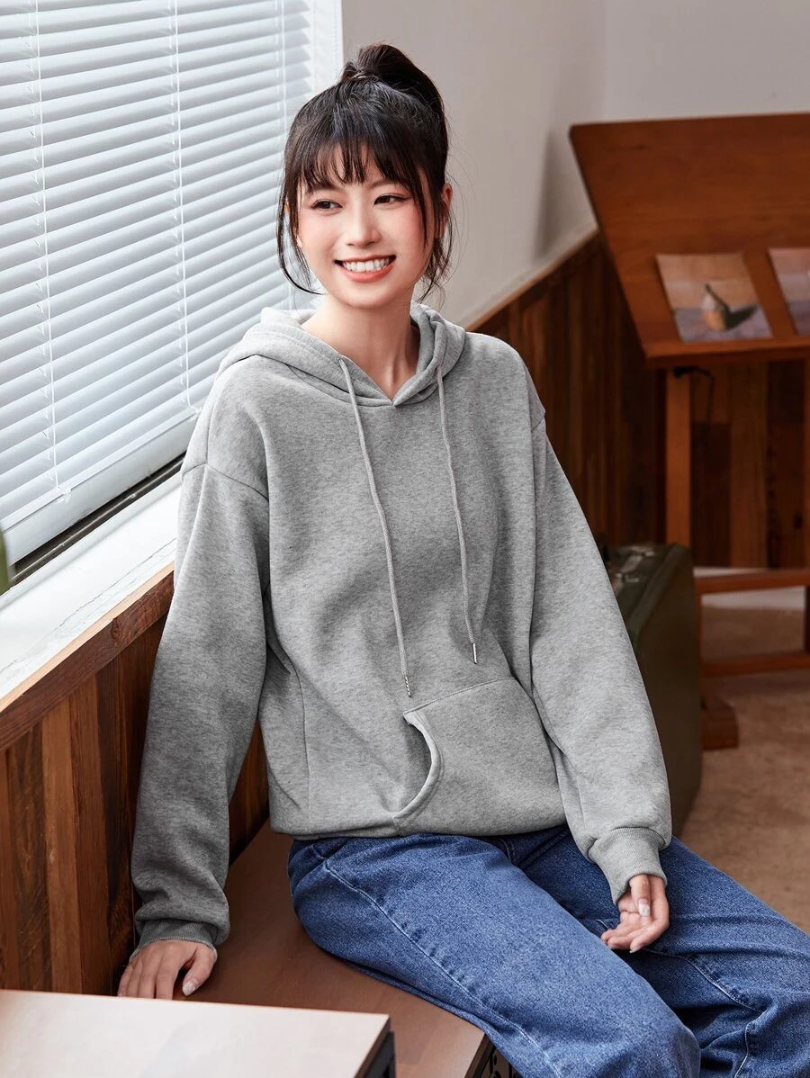 เสื้อกันหนาวมีฮู้ด แบบเก็บความอบอุ่นได้ ของแข็ง กระเป๋าจิงโจ้ สายรัด cc-29