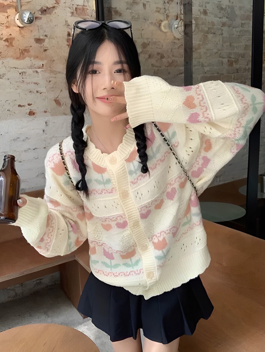 เสื้อกันหนาว เสื้อคลุม ไหมพรมแขนยาว ทรงคอกลม น่ารักม้าก ลายดอกไม้ รุ่น คลุมกระดุมลีลา   i-100