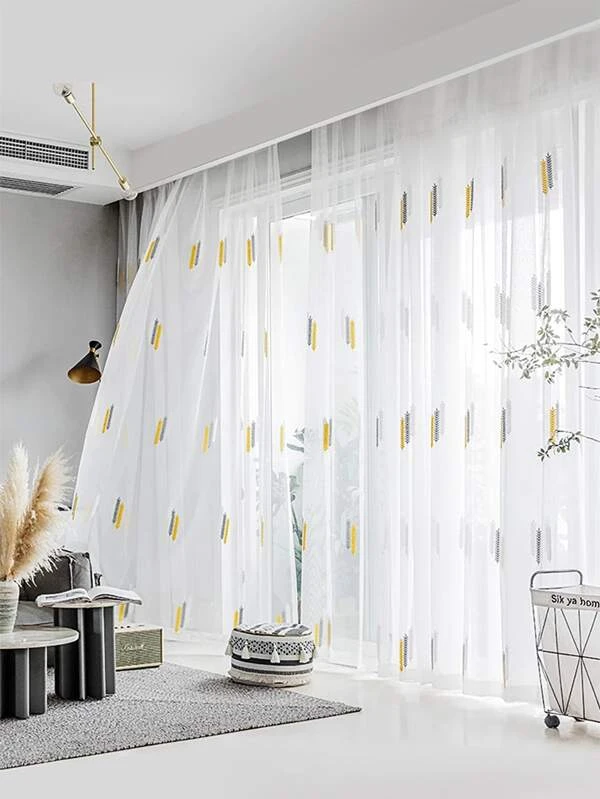 ผ้าม่านโปร่งบานเดี่ยว เย็บปัก ลวดลาย 012