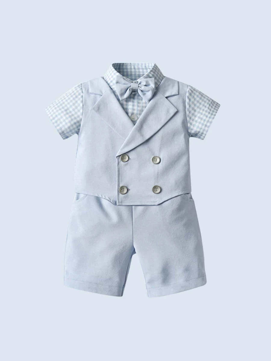 เด็กผู้ชาย เสื้อเชิ้ต 2 in 1 ผ้าฝ้ายลายตาราง โบว์ กระดุมแถวคู่ & กางเกงขาสั้น b-14