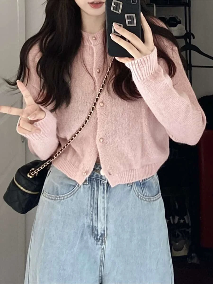 เสื้อคาร์ดิแกน ครอป สีพื้น กระดุมแถวหน้า i-72