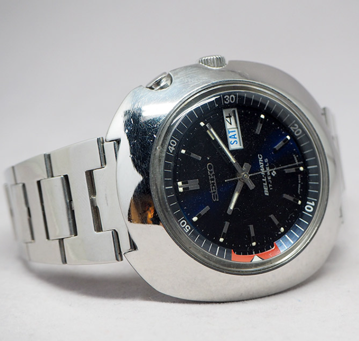 S54-SEIKO bell-matic ยุค70 เครื่อง 17 jewel หน้าปัดน้ำเงินเข้มเงา บอกวันและวันที่ตำแหน่ง 3 นาฬิกา กระจกเ