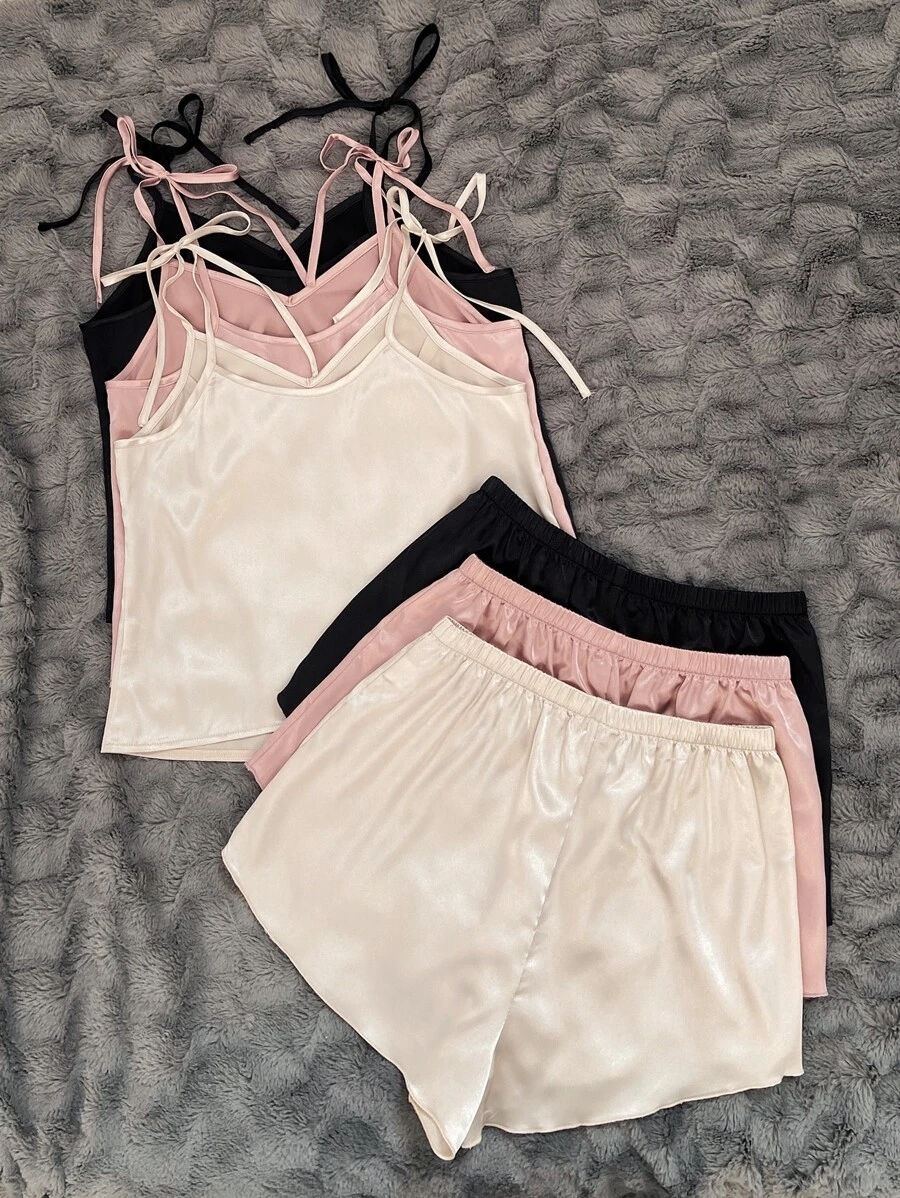 3 ชุด ผูกปมที่ไหล่ ผ้าซาติน เสื้อท็อปสายเดี่ยว & กางเกงขาสั้น เซ็ตชุดนอน bb-5