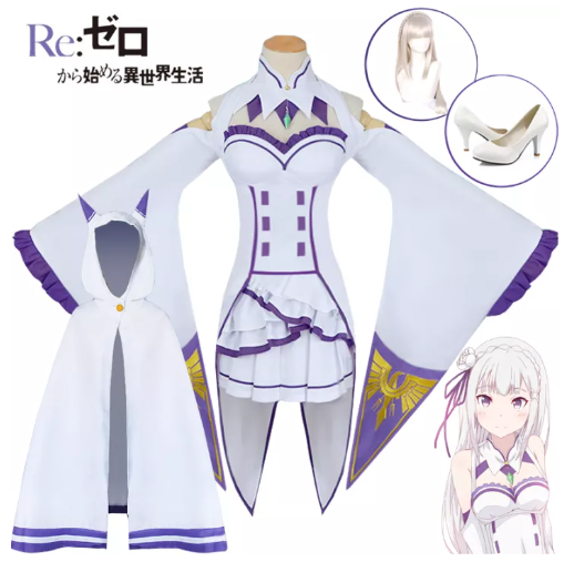 SE56@Anime Re:Life In A Different World From Zero Cosplay Costume Adult Women Emilia Dress Full Sets Clothing Hooded Cloak With Wig White Straight Long Hair
