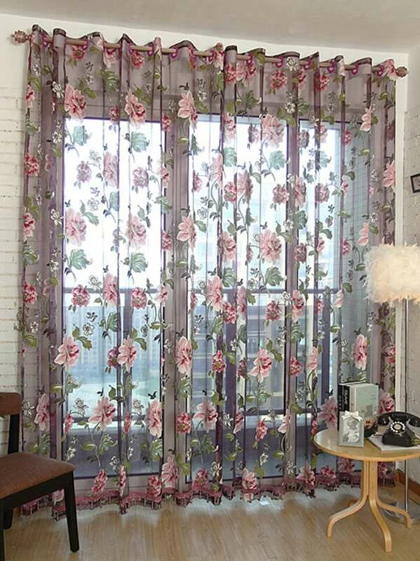 ผ้าม่่าน ภาพพิมพ์รูปดอกไม้ Eyelet บาง 1 ชิ้น  059