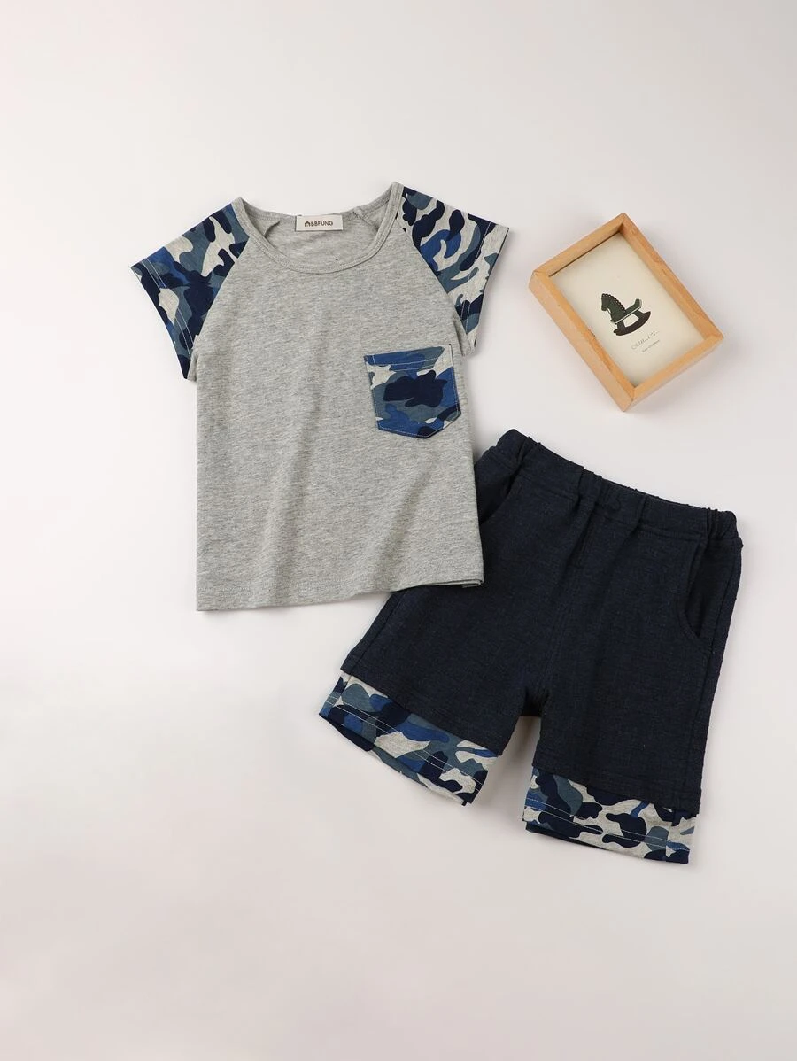 เด็กผู้ชาย เสื้อยืด คอนทราสต์ ลายพราง แขนเสื้อตะเข็บเย็บเฉียง & กางเกงขาสั้น b-33