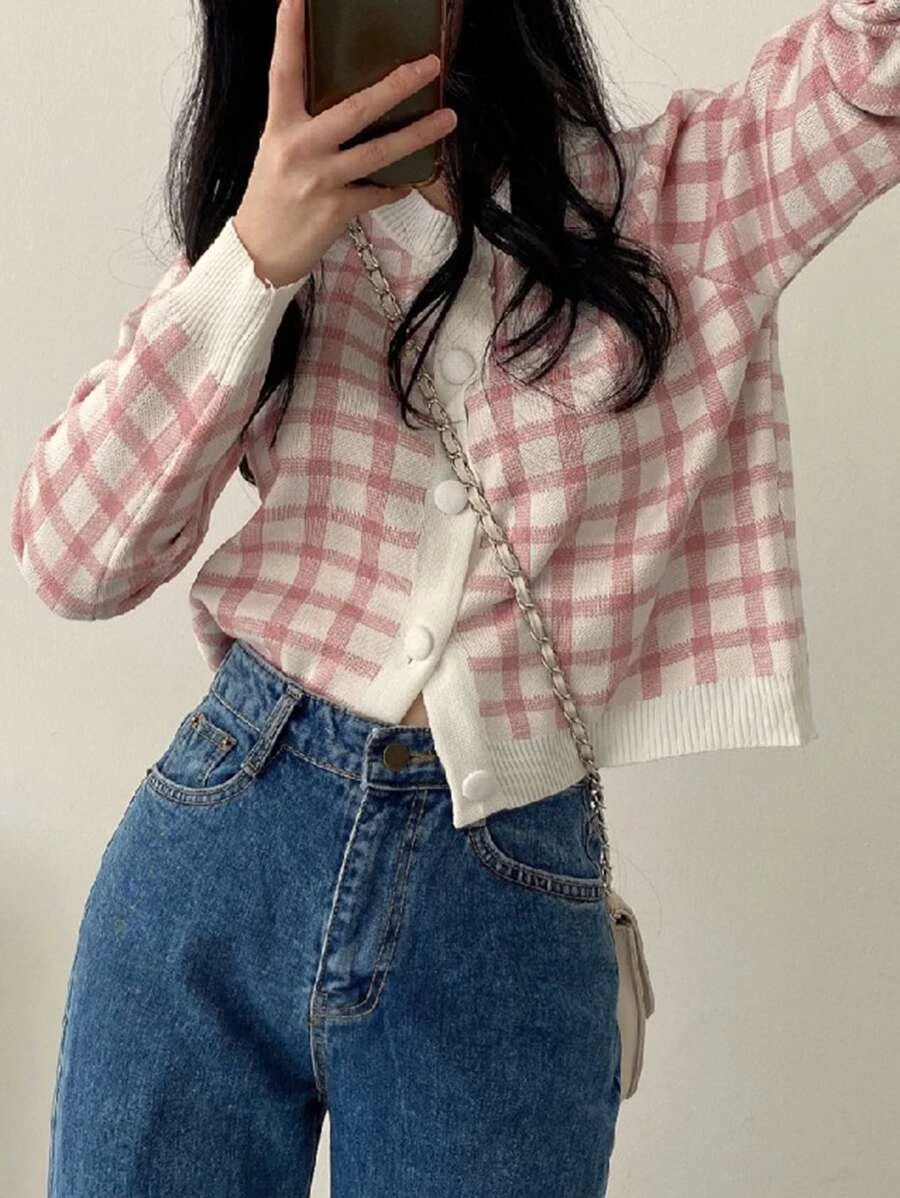 เสื้อคาร์ดิแกน ครอป ลายสก็อต กระดุมแถวหน้า i-68