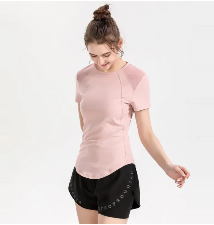 SF139-กีฬาแขนสั้นเสื้อยืดหญิงออกกำลังกายที่เดินทางมาพักผ่อนโยคะวิ่งด้านบนยืดหยุ่นระบายอากาศแห้งเร็วแน่นเสื้อยืดหญิงเปลือยเซ็กซี่