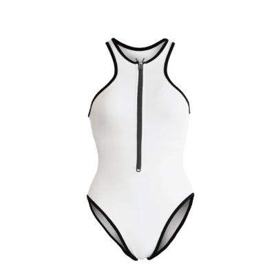 VA45-SS2023 WHITE FRONT ZIP SWIMMING SUIT ชุดยว่ายน้ำสีขาว ใส่ว่ายน้ำ มีฟองน้ำในตัวผ้าหนา กัน UV UPF 50+