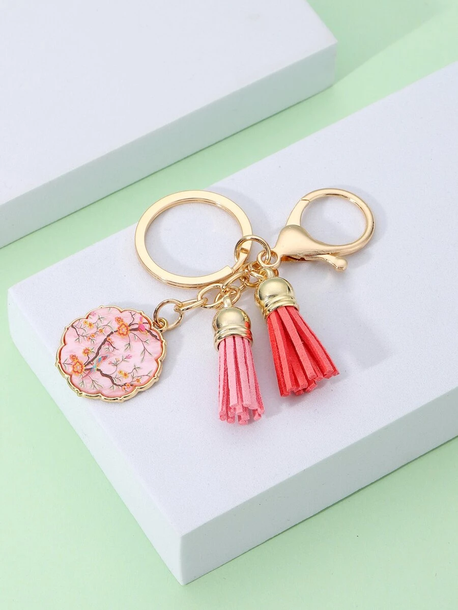 พวงกุญแจ ลาย ดอกไม้ เรขาคณิต & จี้ พู่  k-031