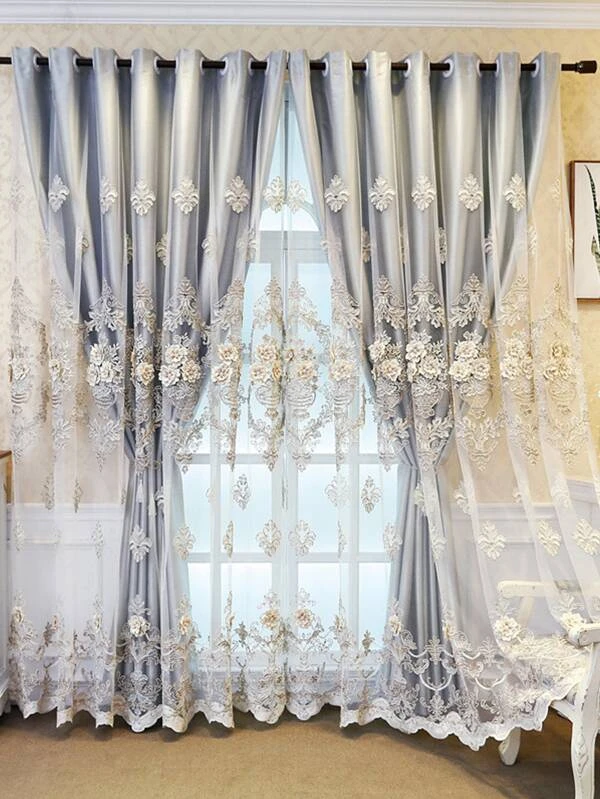 ผ้าม่านเดี่ยว ตกแต่ง ดอกไม้ สองชั้น  060