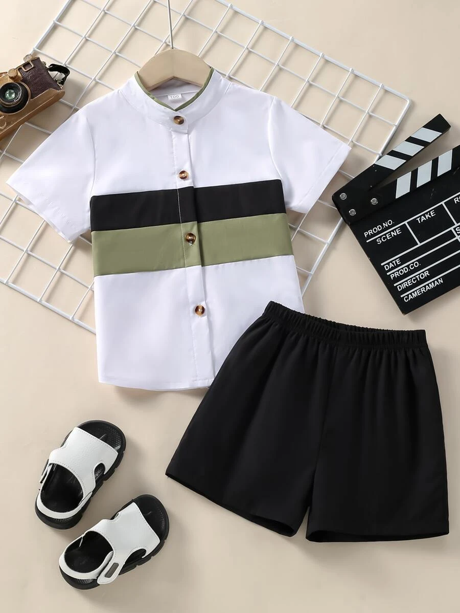 ชุดสองชิ้นเด็กชาย ปุ่มด้านหน้า บล็อกสี ไม่เป็นทางการ b-68