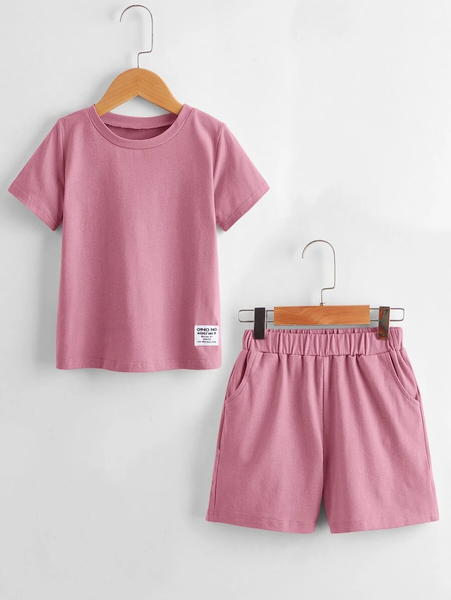 เด็กผู้ชาย เสื้อยืด แพทช์ ตัวอักษร พร้อม กางเกงขาสั้น b-49