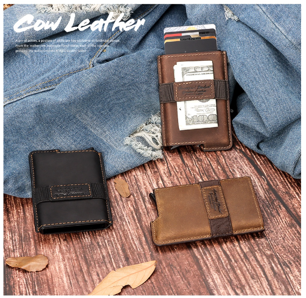 HU26-HUMERPAUL กระเป๋าสตางค์ผู้ชายใส่บัตรเครดิตหนังวัวแท้ป้องกันการกระแทก ID Cardholder