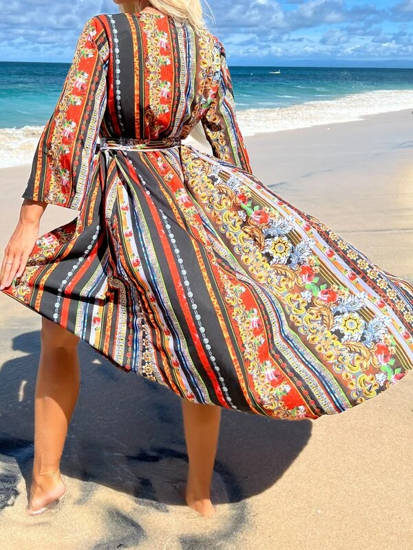 กิโมโน ลายทาง & พิมพ์ลาย ดอกไม้ แต่งเข็มขัด  mm-23