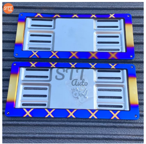 JIM76-กรอบป้ายทะเบียน ไทเทเนียม ไดร์ทอง 1คู่ หน้า-หลัง งานสแตนเลสแท้ ใส่ได้กับรถทุกรุ่น มีอุปกรณ์ครบชุด กรอบป้ายไทเท อุปกรณ์แต่งรถสวยงาม