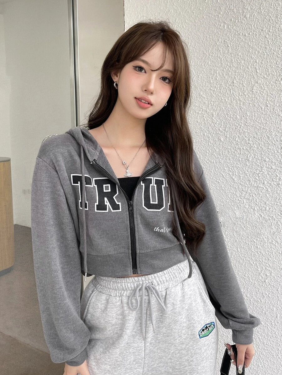 เสื้อฮู้ด ครอป กราฟฟิค ตัวอักษร ไหล่ตก เชือกรูด  cc-28