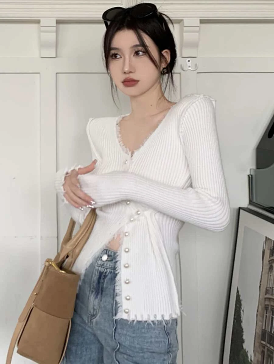 คาร์ดิแกน สีพื้น กระดุมแถวหน้า ตัดขอบหยาบ  i-85