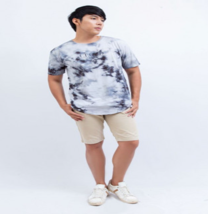 PE08-เสื้อยืดคอกลมสีฟ้าอมเทา มัดย้อม พิมพ์