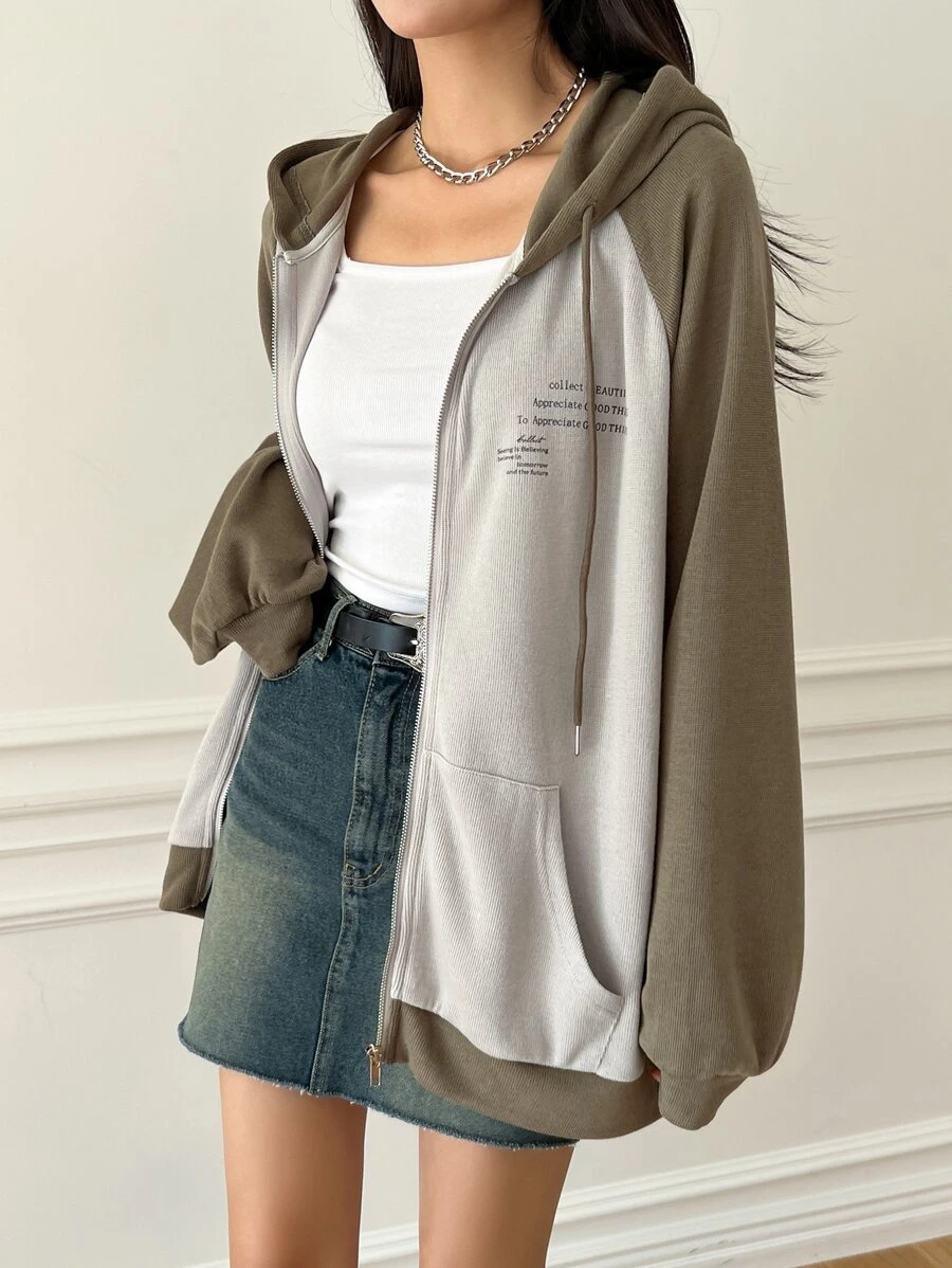 ฮู้ดดี้ ลายสโลแกนกราฟิก คัลเลอร์บล็อก แขนแรกแลน มีซิป เชือกผูก cc-77