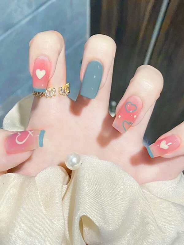 เล็บปลอม ยาว คอฟฟิน ลาย หัวใจ & เทปกาว 1 แผ่น & ตะไบเล็บ 1 ชิ้น 24 ชิ้น c-43