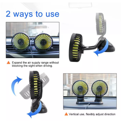 JIM30-12 โพัดลมติดรถยนต์พัดลมพัดลมสองหัวในรถยนต์พับได้หมุนได้และหัวหมุนรองรับ usb / 12v / 24v SUV รถบร