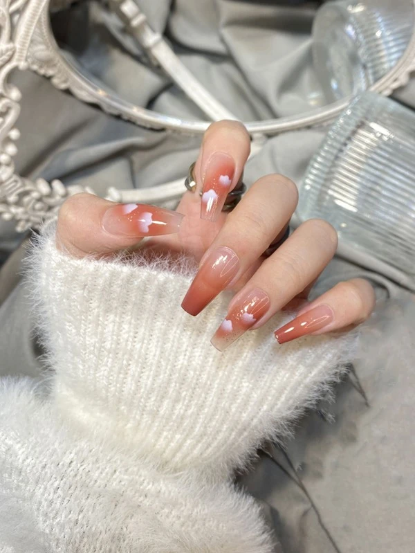 เล็บปลอม 24 ชิ้น เล็บยาว ทรงเหลี่ยม ลายก้อนเมฆ และ เทป 1 แผ่น และ ตะไบเล็บ 1 ชิ้น c-99