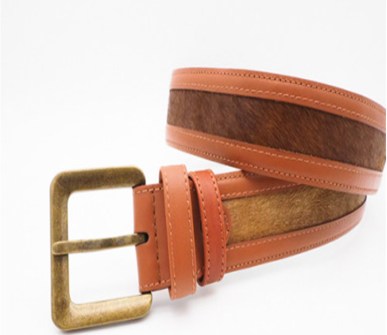 MAN93-เข็มขัดหนังแท้ผมม้า ผสมผสานกับหนังวัวแท้สีแทน พร้อมหัวเข็มขัดทองชุบ