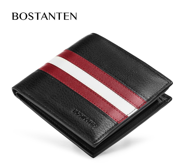 TOP70-[จัดส่งจากประเทศไทย] BOSTANTEN กระเป๋าสตางค์สองพับลายทางสีแดงและสีขาวของผู้ชาย มีซิปสองข้างสำหรับใส่เหรียญและช่องใส่การ์ดมากมาย