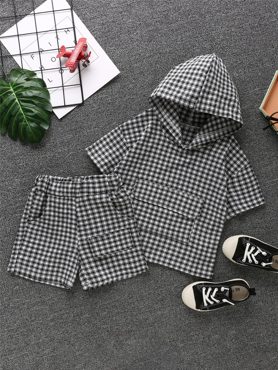 เด็กผู้ชายวัยหัดเดิน ลายสก็อต ฮูด เสื้อยืด & กระเป๋๋ากางเกง กางเกงขาสั้น b-72