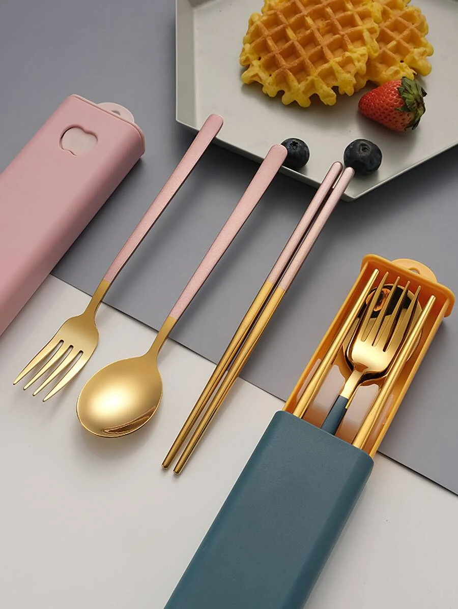 4 ชิ้น ทูโทน สีสุ่ม ชุดช้อนส้อม & 1 ชิ้น กล่องเก็บของ hh-34