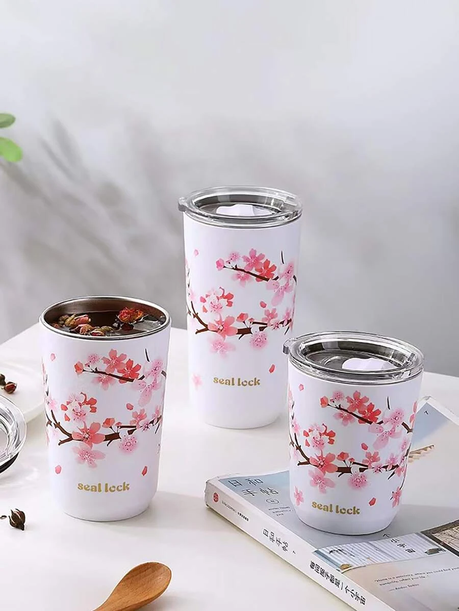 1 ชิ้น แก้วเก็บความร้อน สแตนเลส พร้อมฝาปิด,ถ้วยน้ำสแตนเลส ถ้วยน้ำป้องกันการรั่ว ดอกซากุระ ทัมเบลอร์  pp-48