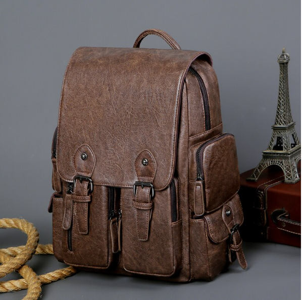 HU56-Vintage PU หนังกระเป๋าเป้สะพายหลังสำหรับชาย/วัยรุ่น,กระเป๋าเป้สะพายหลังแล็ปท็อปสำหรับโรงเรียนวิทยาลัย