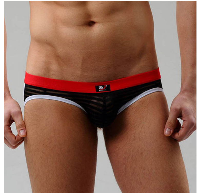 MH03-กางเกงในชายสีดำขอบเอวสีแดงผ้าซีทรูบางๆ ลายขวางเปิดก้น ใส่แล้วเย็นสบายไม่ร้อน