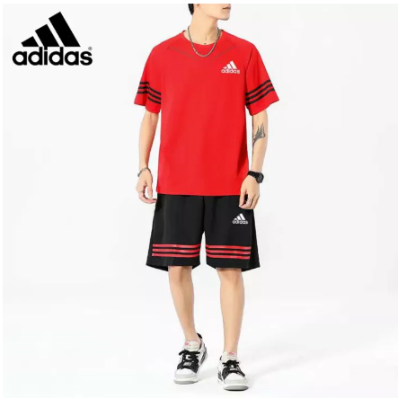 BIG74-ADIDASชุดผ้าระบายอากาศสำหรับผู้ชายชุดกีฬาลำลอง + กางเกงขาสั้น