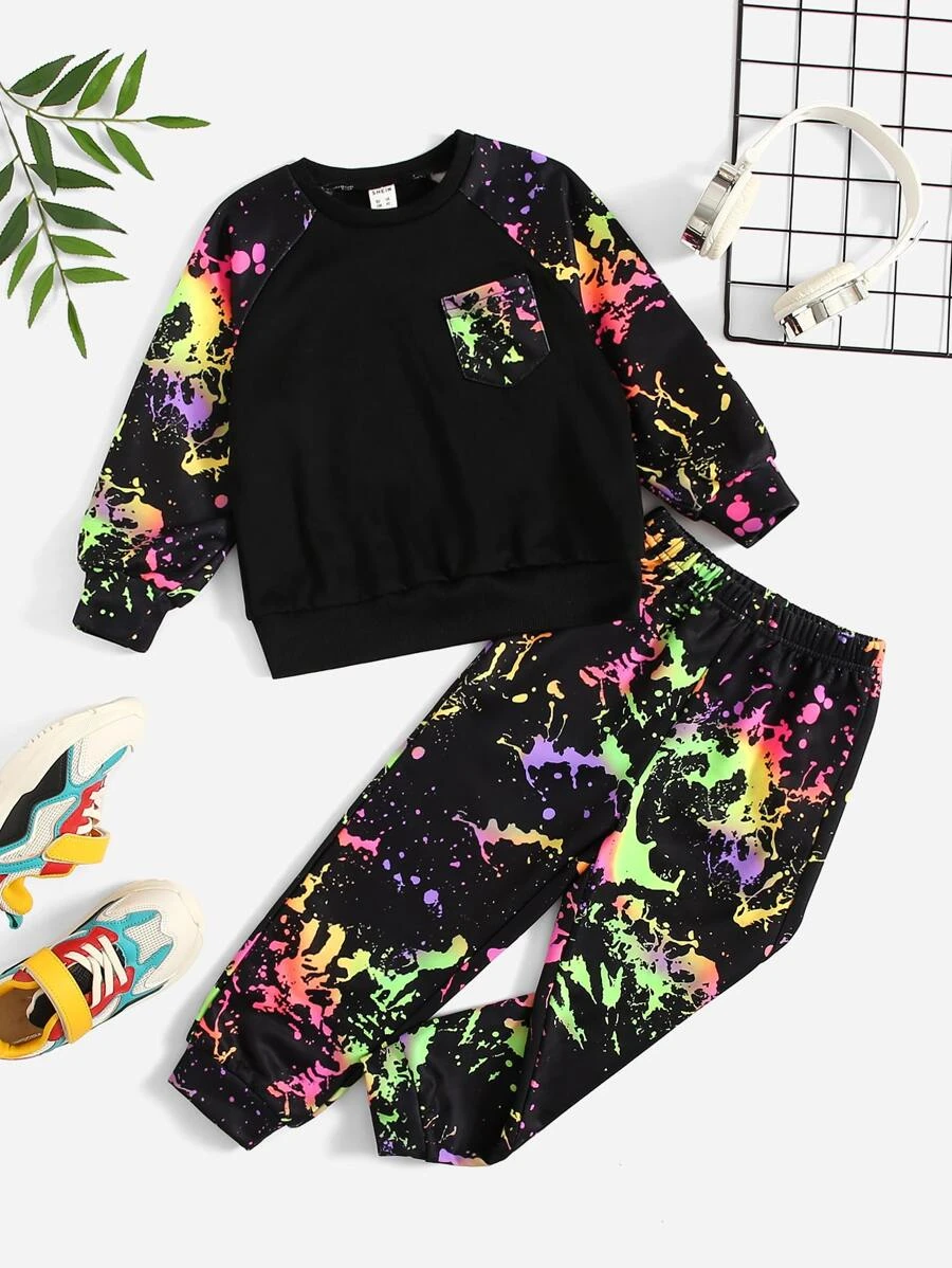 เสื้อสวมหัว เด็กเล็กผู้ชาย สะท้อนแสง ลายสาดสี และ กางเกงวอร์ม b-34