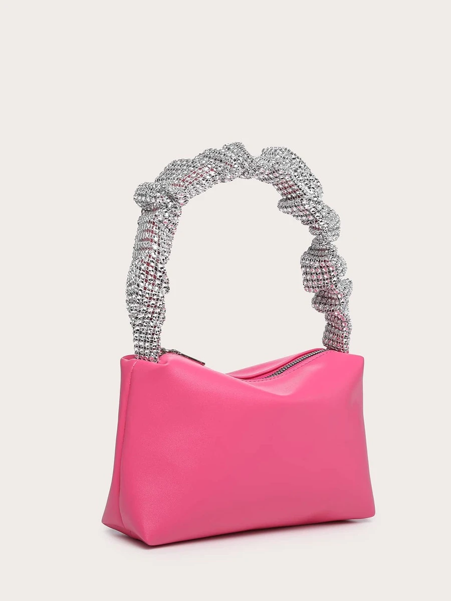 กระเป๋า บาแกตต์ ตกแต่ง พลอยเทียม พร้อม สายคล้องมือด้านบน สีสุ่มv-49