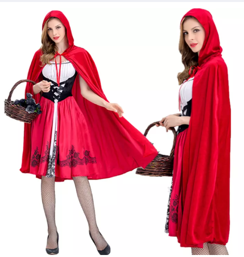 SE50@Women Little Red Riding Hood Costume Adult Christmas Halloween Party Dress With Cape Queen Uniform Suits