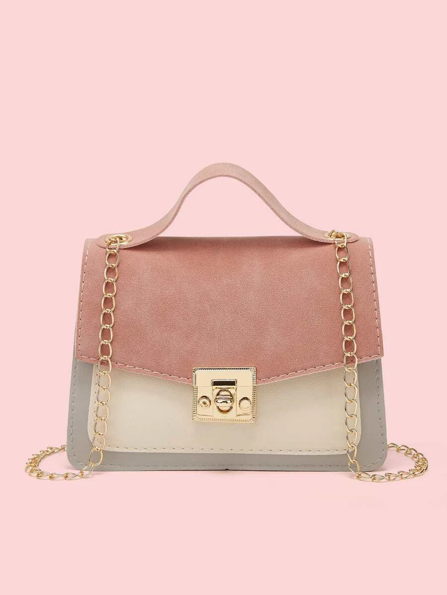 Twist Lock Colorblock Flap Chain Briefcase v-69