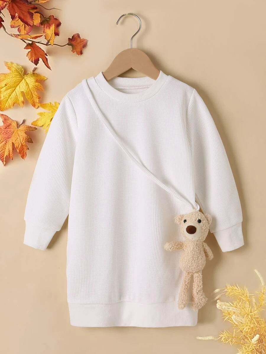 เดรส เด็กเล็กผู้หญิง สีพื้น เสื้อสวมหัว และ ตุ๊กตาหมี a-58