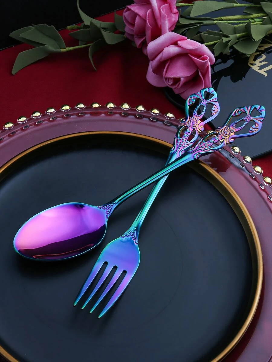 2 ชิ้นกลวงบรรเทาช้อนและส้อมชุด hh-72