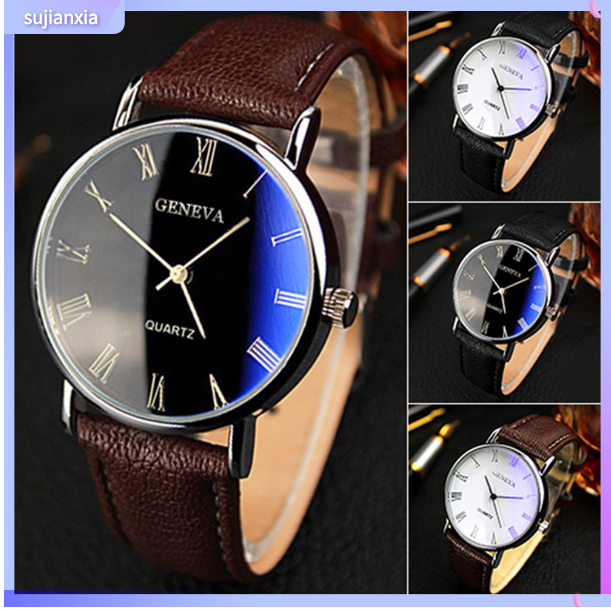 EW72-นาฬิกาข้อมือควอทซ์อะนาล็อกตัวเลขโรมันสายหนังสําหรับผู้ชาย