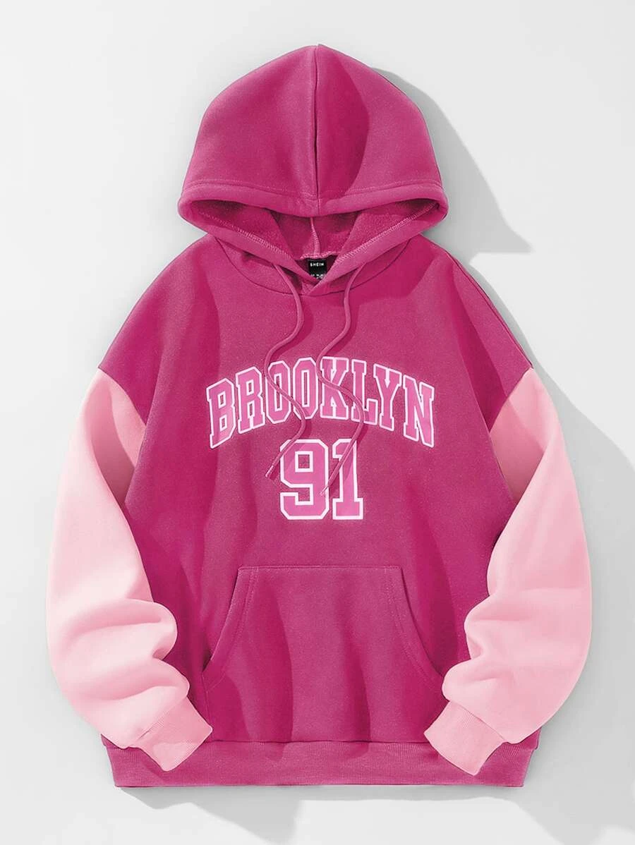 เสื้อฮู้ด ให้ความอบอุ่น พิมพ์ ตัวอักษร บล็อคสี กระเป๋าจิงโจ้ สายรัด  cc-14