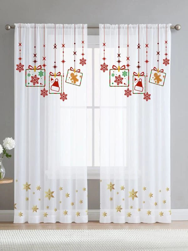 ผ้าม่าน ผ้าโปร่ง คริสต์มาส ลาย เกล็ดหิมะ   001